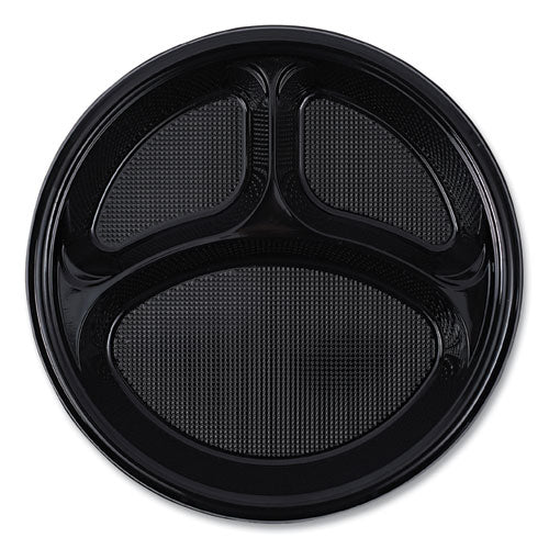 Image of Boardwalk® Hi-Impact Plastic Dinnerware, 3-Compartment Plate, 10" dia, Black, 125/Sleeve, 4 Sleeves/Carton