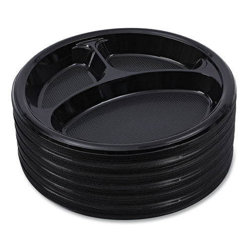 Image of Boardwalk® Hi-Impact Plastic Dinnerware, 3-Compartment Plate, 10" dia, Black, 125/Sleeve, 4 Sleeves/Carton