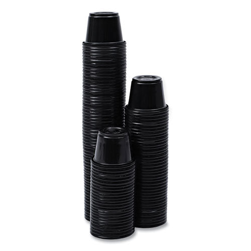 Image of Boardwalk® Souffle/Portion Cups, 1 oz, Plastic, Black, 125/Sleeve, 20 Sleeves/Carton