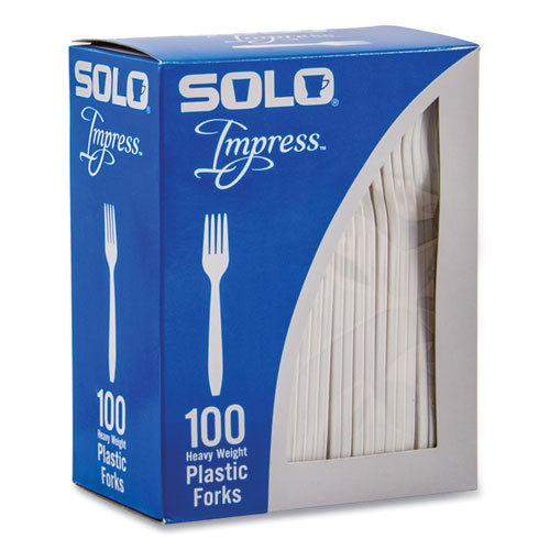 Image of SOLO® Impress Heavyweight Full-Length Polystyrene Cutlery, Fork, Plastic, White, 100/Box, 10 Boxes/Carton