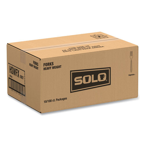 Image of SOLO® Impress Heavyweight Full-Length Polystyrene Cutlery, Fork, Plastic, White, 100/Box, 10 Boxes/Carton