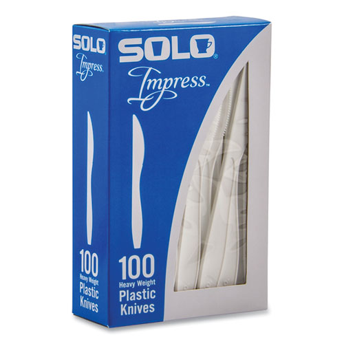 Image of SOLO® Impress Heavyweight Full-Length Polystyrene Cutlery, Knife, Plastic, White, 100/Box, 10 Boxes/Carton