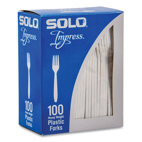 Image of SOLO® Impress Heavyweight Full-Length Polystyrene Cutlery, Fork, Plastic, White, 100/Box
