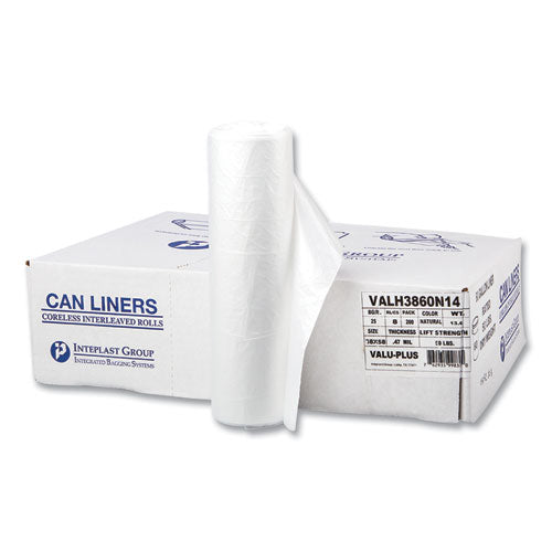Image of Inteplast Group High-Density Commercial Can Liner Value Pack, 60 gal, 12 mic, 38" x 58", Clear, Interleaved Roll, 25 Bags/Roll, 8 Rolls/CT
