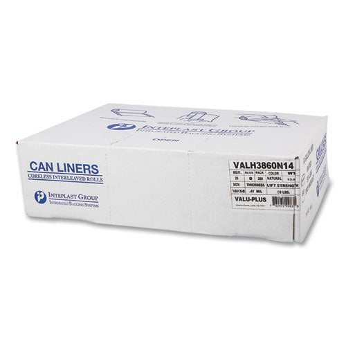 Image of Inteplast Group High-Density Commercial Can Liner Value Pack, 60 gal, 12 mic, 38" x 58", Clear, Interleaved Roll, 25 Bags/Roll, 8 Rolls/CT