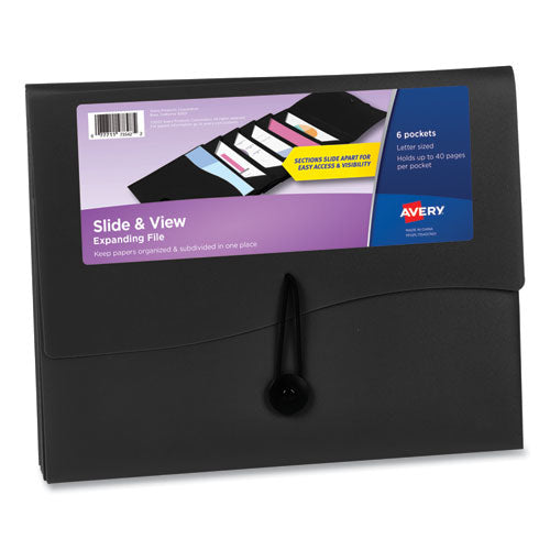 Image of Avery® Slide and View Expanding File, 6 Sections, Hook/Loop Closure, Letter Size, Black