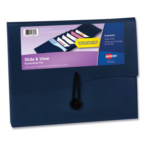 Image of Avery® Slide and View Expanding File, 6 Sections, Hook/Loop Closure, Letter Size, Navy Blue