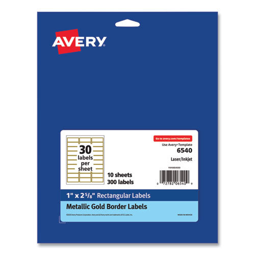 Image of Avery® White Easy Peel Mailing Labels with Metallic Border, Inkjet/Laser Printers, 1 x 2.63, White, 30/Sheet, 10 Sheets/Pack