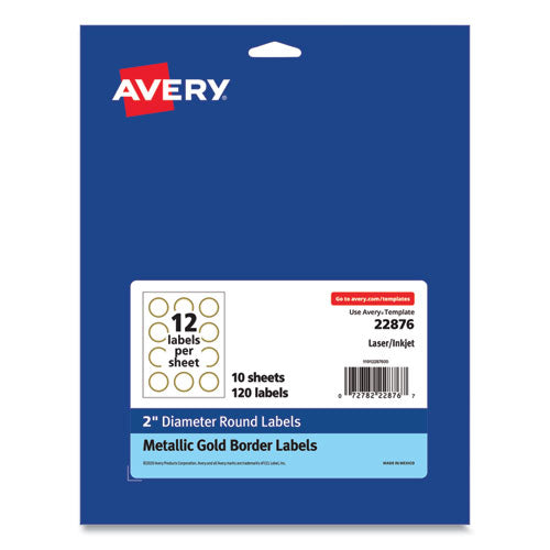 Image of Avery® Round Labels, 2" dia, White with Gold Border, 12/Sheet, 10 Sheets/Pack