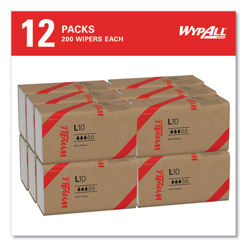 Image of WypAll® L10 SANI-PREP Dairy Towels, Banded, 2-Ply, 9.3 x 10.5, Unscented, White, 200/Pack, 12 Packs/Carton