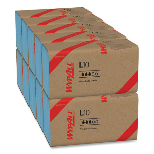 Image of WypAll® L10 Windshield Towels, 1-Ply, 9.1 x 10.25, Light Blue, 224/Pack, 10 Packs/Carton