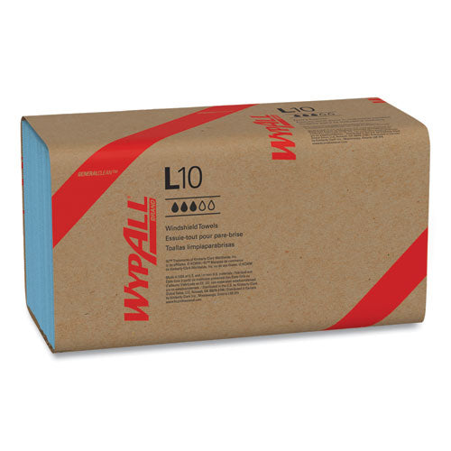 Image of WypAll® L10 Windshield Towels, 1-Ply, 9.1 x 10.25, Light Blue, 224/Pack, 10 Packs/Carton