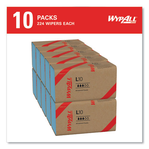 Image of WypAll® L10 Windshield Towels, 1-Ply, 9.1 x 10.25, Light Blue, 224/Pack, 10 Packs/Carton