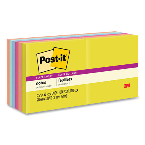 Image of Post-it® Notes Super Sticky Note Pads in Summer Joy Collection Colors, 3" x 3", Summer Joy Collection Colors, 90 Sheets/Pad, 12 Pads/Pack