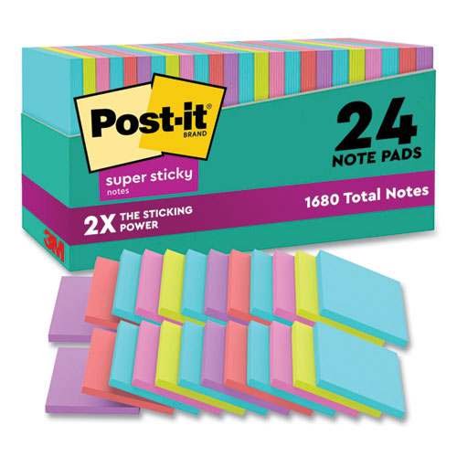 Image of Post-it® Notes Super Sticky Pads in Supernova Neon Collection Colors, Cabinet Pack, 3" x 3", 70 Sheets/Pad, 24 Pads/Pack