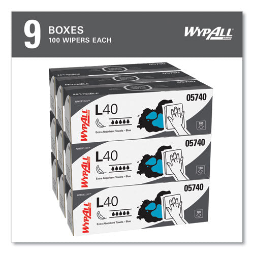 Image of WypAll® L40 Towels, POP-UP Box, 9.8 x 16.4, Blue, 100/Box, 9 Boxes/Carton
