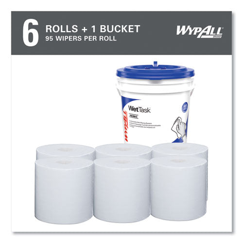 Image of WypAll® Power Clean Wipers for WetTask Customizable Wet Wiping System with (1) Bucket, 6 x 12, Unscented, 95/Roll, 6 Rolls/Carton