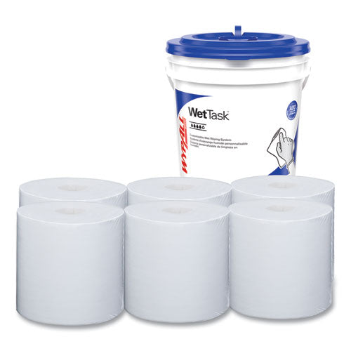 Image of WypAll® Critical Clean Wipers for Bleach, Disinfectants, Sanitizers WetTask Customizable Wet Wiping System, w/Bucket,140/Roll, 6/CT