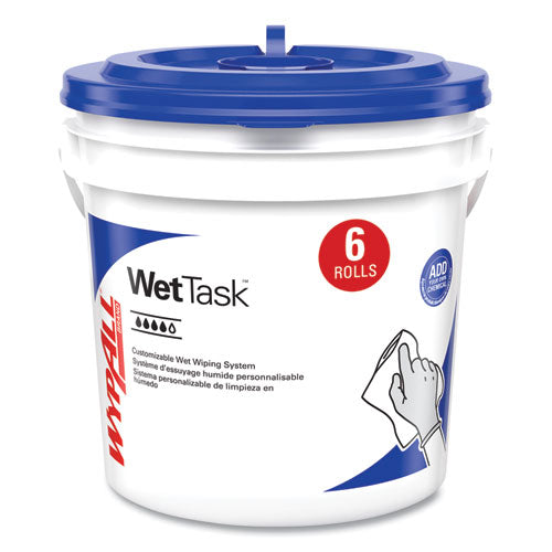 Image of WypAll® Critical Clean Wipers for Bleach, Disinfectants, Sanitizers WetTask Customizable Wet Wiping System, w/Bucket,140/Roll, 6/CT
