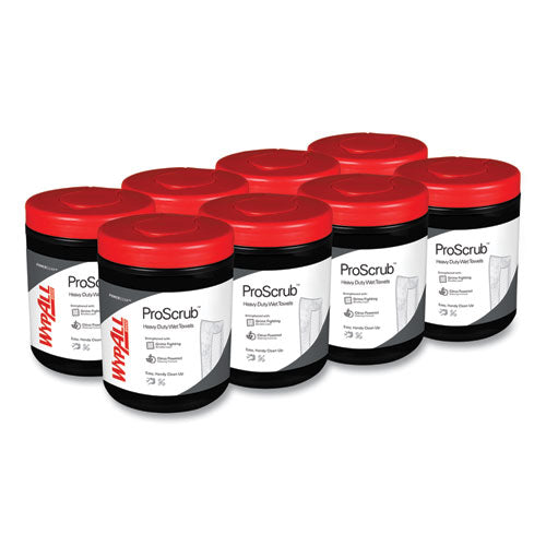 Image of WypAll® Power Clean ProScrub Pre-Saturated Wipes, 12 x 9.5, Citrus Scent, Green/White, 50/Canister, 8 Canisters/Carton