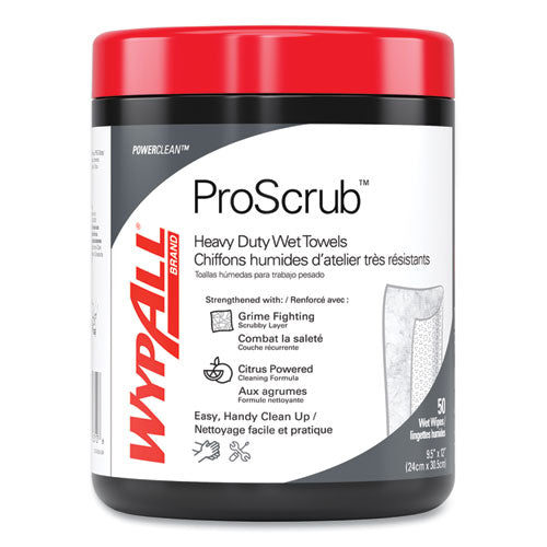 Image of WypAll® Power Clean ProScrub Pre-Saturated Wipes, 12 x 9.5, Citrus Scent, Green/White, 50/Canister, 8 Canisters/Carton