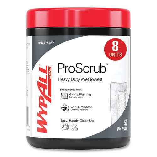 Image of WypAll® Power Clean ProScrub Pre-Saturated Wipes, 12 x 9.5, Citrus Scent, Green/White, 50/Canister, 8 Canisters/Carton