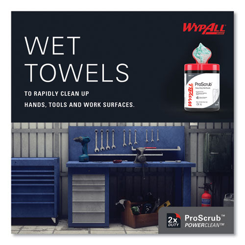 Image of WypAll® Power Clean ProScrub Pre-Saturated Wipes, 12 x 9.5, Citrus Scent, Green/White, 50/Canister, 8 Canisters/Carton