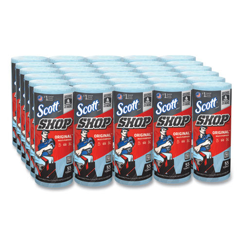 Image of Scott® Shop Towels, Standard Roll, 1-Ply, 9.4 x 11, Blue, 55/Roll, 30 Rolls/Carton
