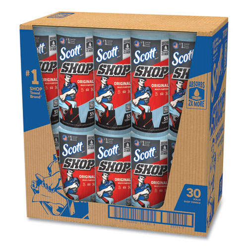 Image of Scott® Shop Towels, Standard Roll, 1-Ply, 9.4 x 11, Blue, 55/Roll, 30 Rolls/Carton