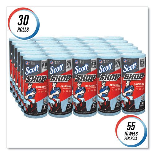 Image of Scott® Shop Towels, Standard Roll, 1-Ply, 9.4 x 11, Blue, 55/Roll, 30 Rolls/Carton