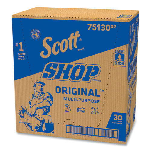 Image of Scott® Shop Towels, Standard Roll, 1-Ply, 9.4 x 11, Blue, 55/Roll, 30 Rolls/Carton