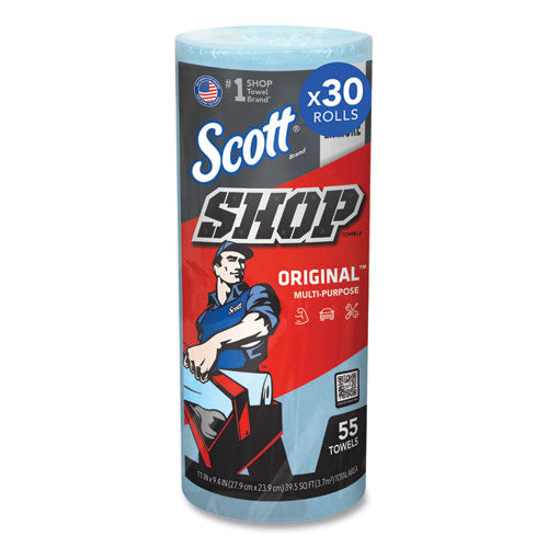 Image of Scott® Shop Towels, Standard Roll, 1-Ply, 9.4 x 11, Blue, 55/Roll, 30 Rolls/Carton