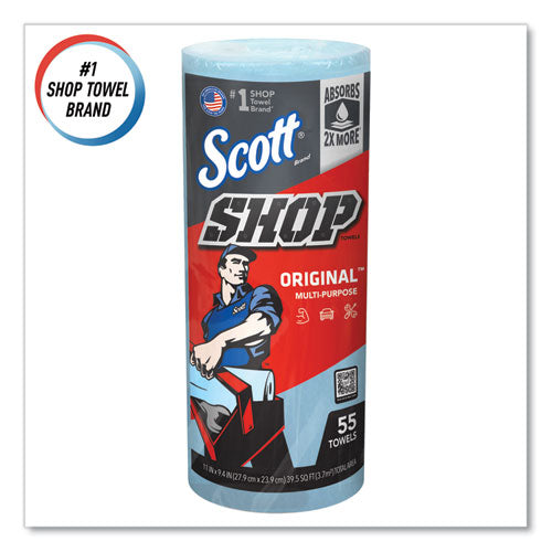 Image of Scott® Shop Towels, Standard Roll, 1-Ply, 9.4 x 11, Blue, 55/Roll, 30 Rolls/Carton