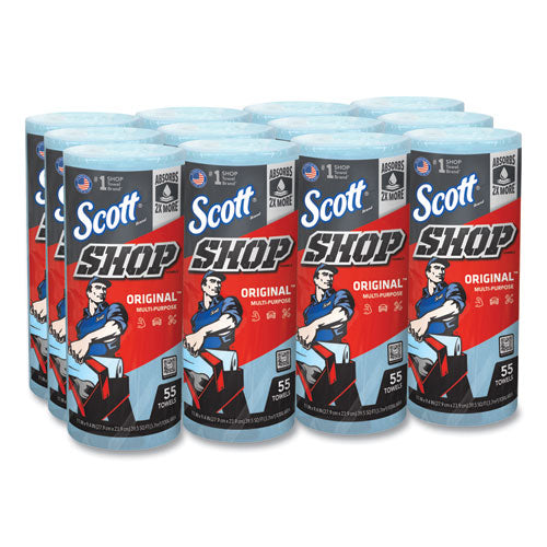 Image of Scott® Shop Towels, Standard Roll, 1-Ply, 9.4 x 11, Blue, 55/Roll, 12 Rolls/Carton