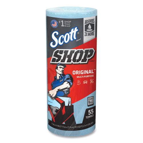 Image of Scott® Shop Towels, Standard Roll, 1-Ply, 9.4 x 11, Blue, 55/Roll, 12 Rolls/Carton