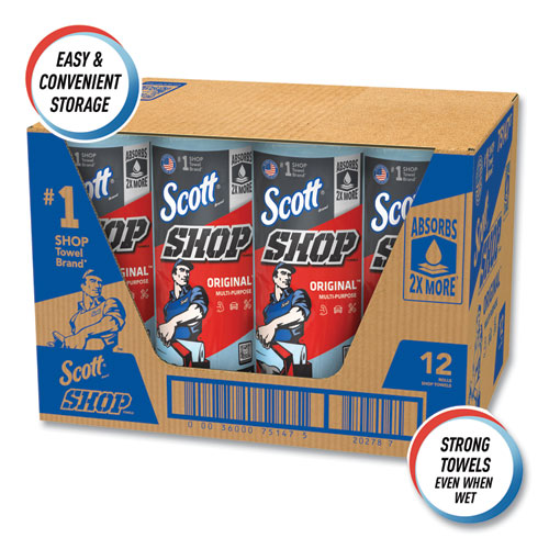Image of Scott® Shop Towels, Standard Roll, 1-Ply, 9.4 x 11, Blue, 55/Roll, 12 Rolls/Carton