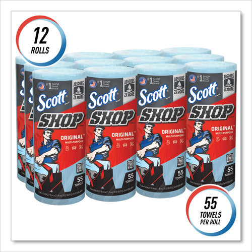 Image of Scott® Shop Towels, Standard Roll, 1-Ply, 9.4 x 11, Blue, 55/Roll, 12 Rolls/Carton