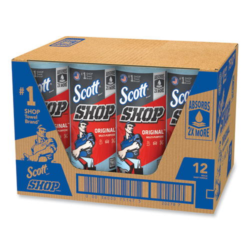 Image of Scott® Shop Towels, Standard Roll, 1-Ply, 9.4 x 11, Blue, 55/Roll, 12 Rolls/Carton