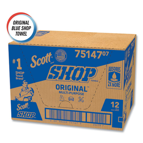 Image of Scott® Shop Towels, Standard Roll, 1-Ply, 9.4 x 11, Blue, 55/Roll, 12 Rolls/Carton