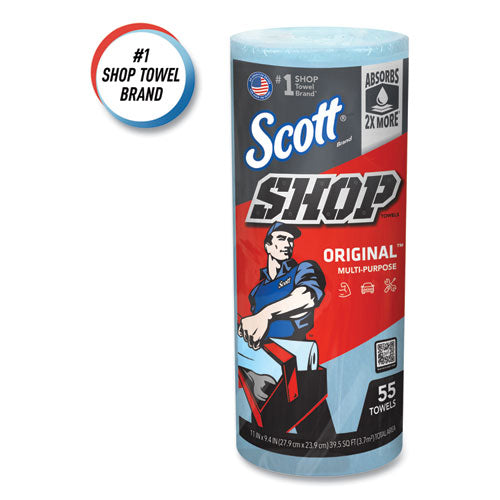 Image of Scott® Shop Towels, Standard Roll, 1-Ply, 9.4 x 11, Blue, 55/Roll, 12 Rolls/Carton