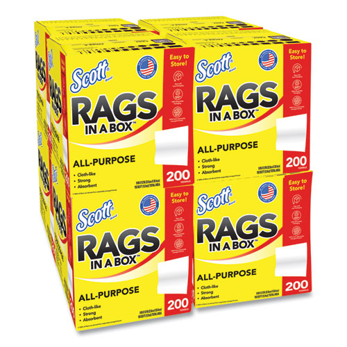 Image of Scott® Rags in a Box, POP-UP Box, 12 x 9, White, 200/Box, 8 Boxes/Carton