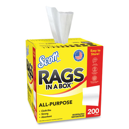Image of Scott® Rags in a Box, POP-UP Box, 12 x 9, White, 200/Box, 8 Boxes/Carton