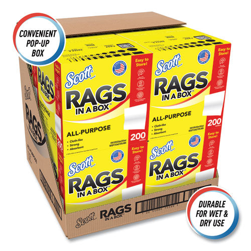 Image of Scott® Rags in a Box, POP-UP Box, 12 x 9, White, 200/Box, 8 Boxes/Carton