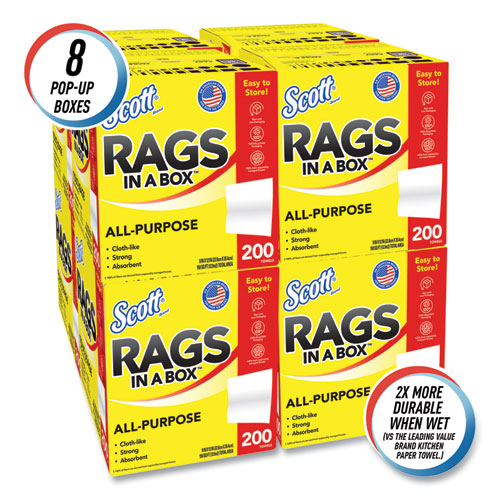 Image of Scott® Rags in a Box, POP-UP Box, 12 x 9, White, 200/Box, 8 Boxes/Carton