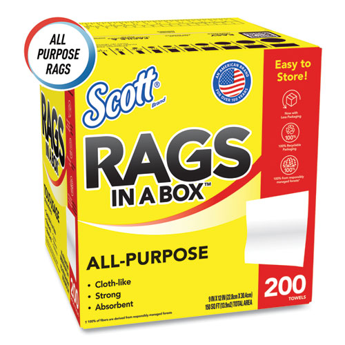 Image of Scott® Rags in a Box, POP-UP Box, 12 x 9, White, 200/Box, 8 Boxes/Carton
