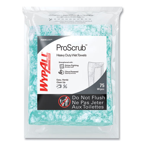 Image of WypAll® Power Clean ProScrub Pre-Saturated Wipes, 12 x 9.5, Citrus Scent, Green, 75/Pack, 6 Packs/Carton