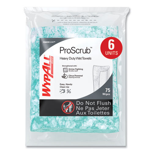 Image of WypAll® Power Clean ProScrub Pre-Saturated Wipes, 12 x 9.5, Citrus Scent, Green, 75/Pack, 6 Packs/Carton