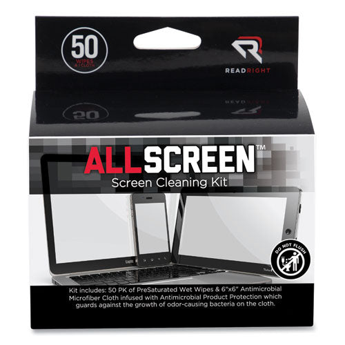 Image of Read Right® AllScreen Cleaning Kit with (1) 6 x 6 Microfiber Cloth, (50) 4 x 5 Individually Wrapped Pre-Saturated Wipes, Unscented, White