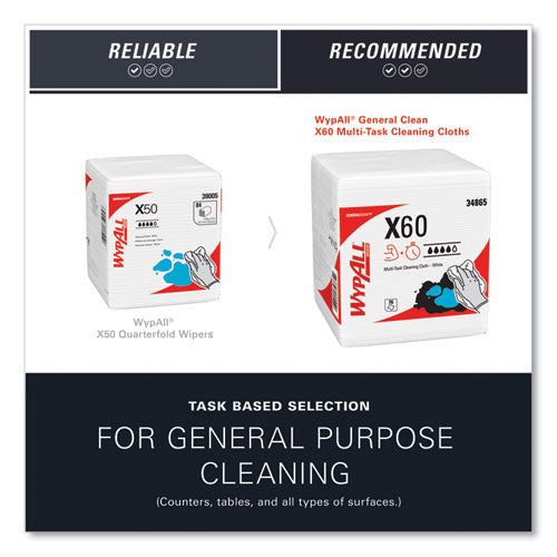 Image of WypAll® General Clean X60 Cloths, 1/4 Fold, 12.5 x 13, White, 76/Box, 12 Boxes/Carton