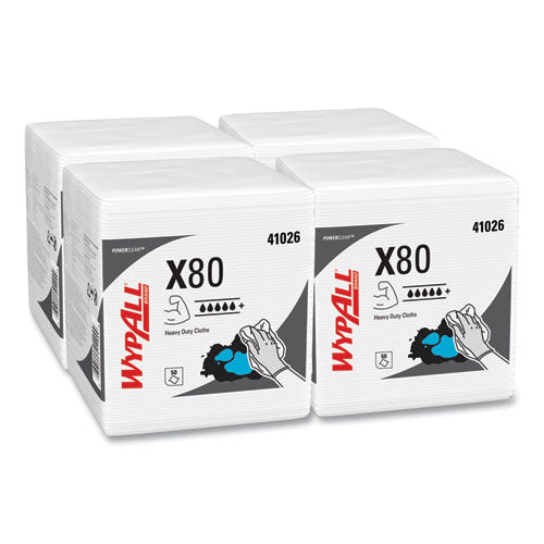 Image of WypAll® Power Clean X80 Heavy Duty Cloths, 1/4 Fold, 12.5 x 12, White, 50/Box, 4 Boxes/Carton